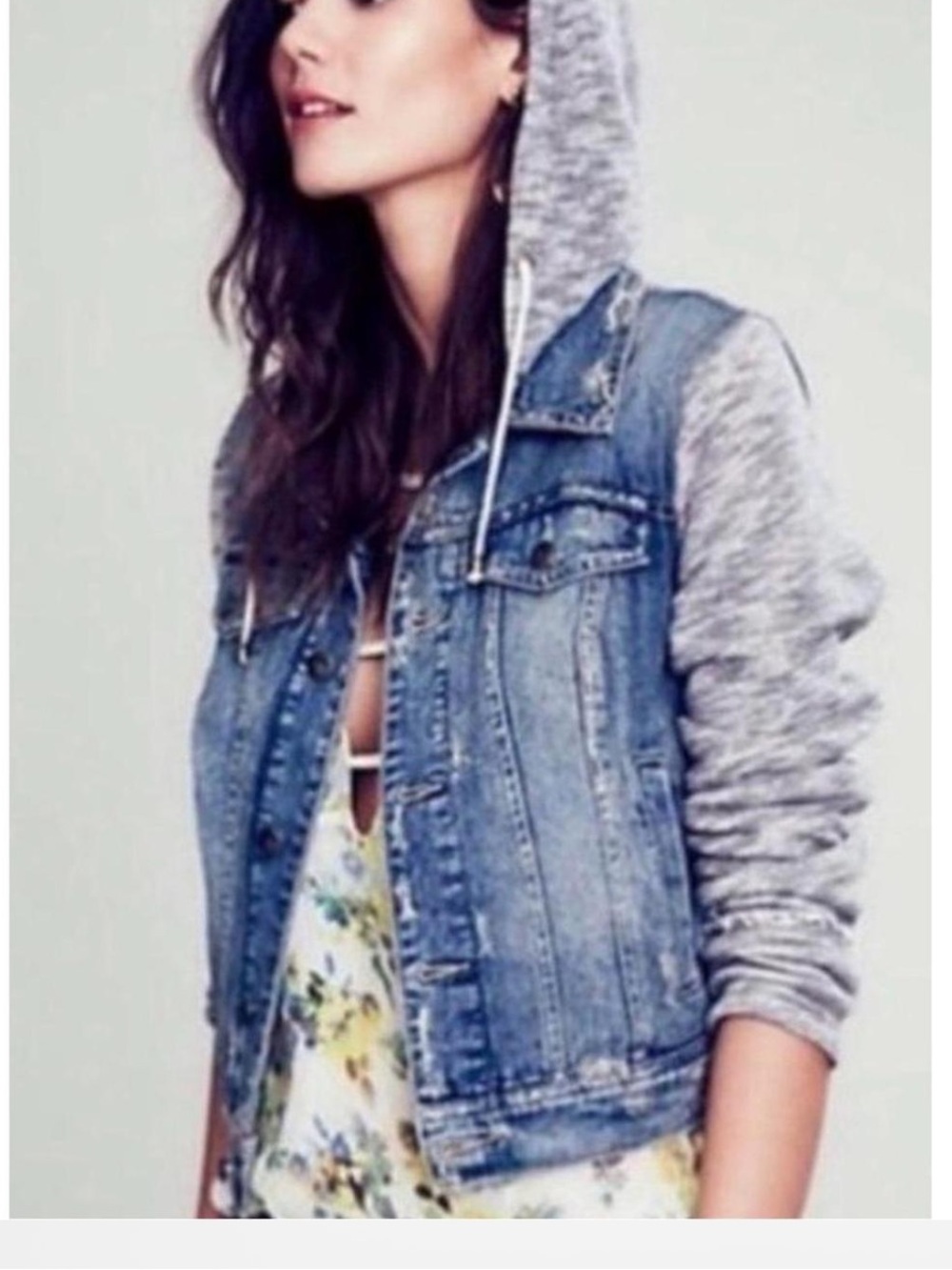 Free People Jean Jacket Grey Sleeve Blue Denim Hooded Jacket. Great for Fall